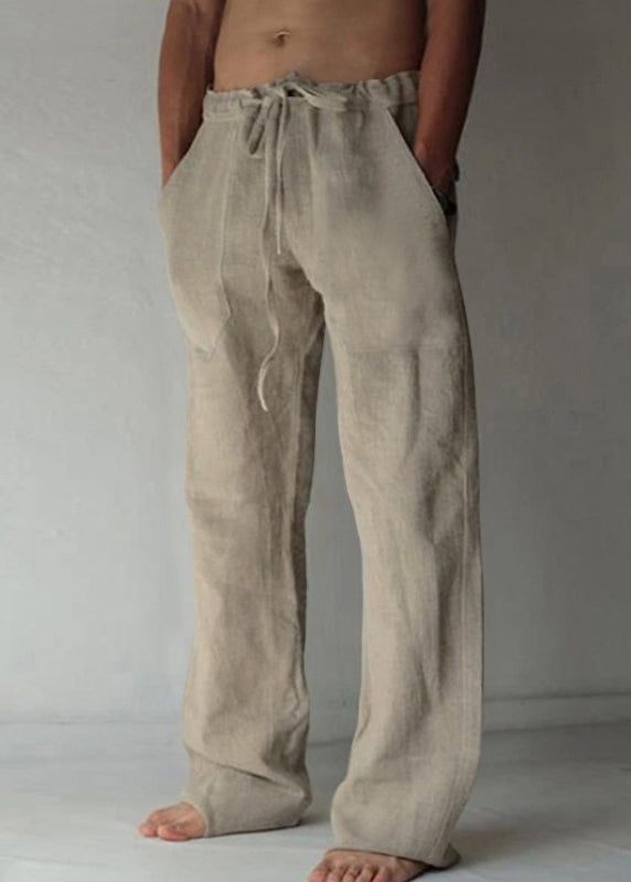 Pants Simple Summer Mens Elastic Waist Apricot Linen Pockets