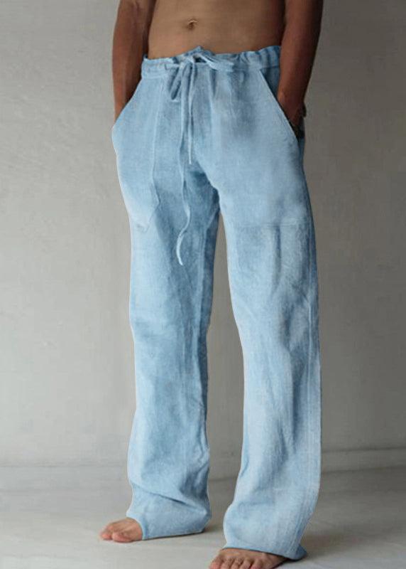 Pants Simple Summer Mens Elastic Waist Apricot Linen Pockets