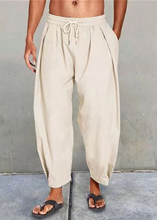 Men Pants Simple Waist Cotton Apricot Summer Elastic Crop Solid