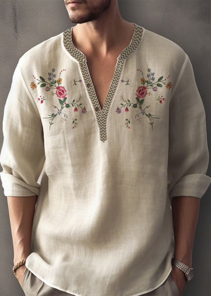 Cotton Fall Neck Apricot Simple Shirt Print Mens V