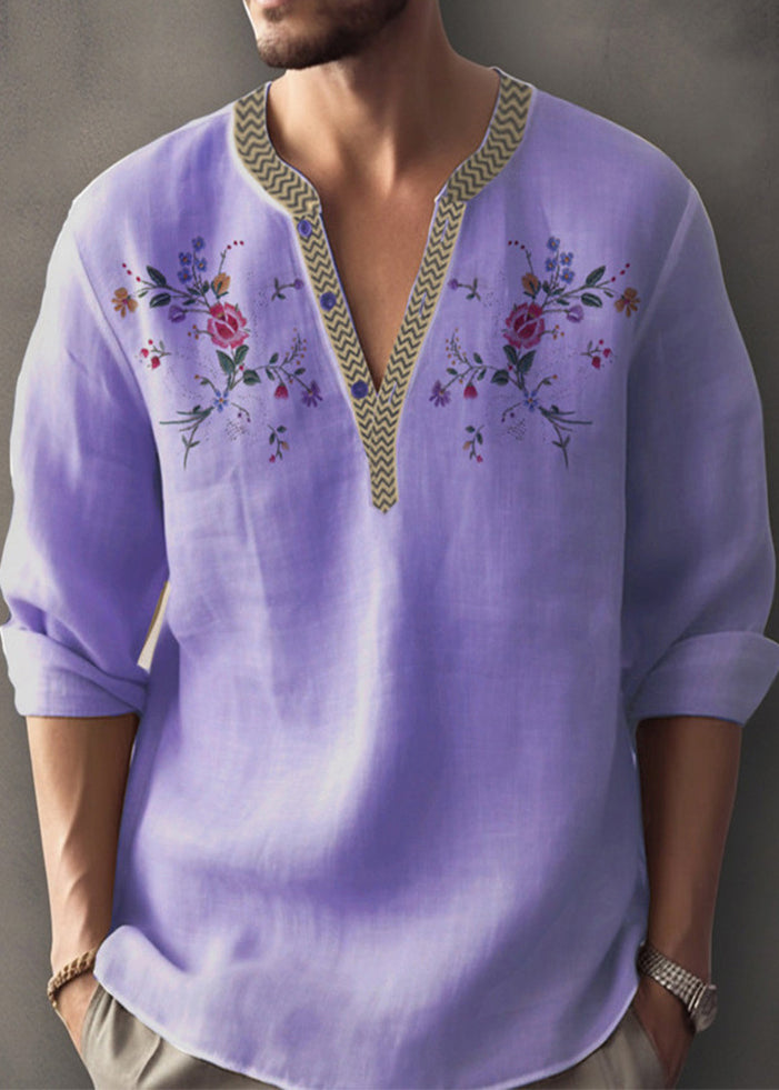 Cotton Fall Neck Apricot Simple Shirt Print Mens V