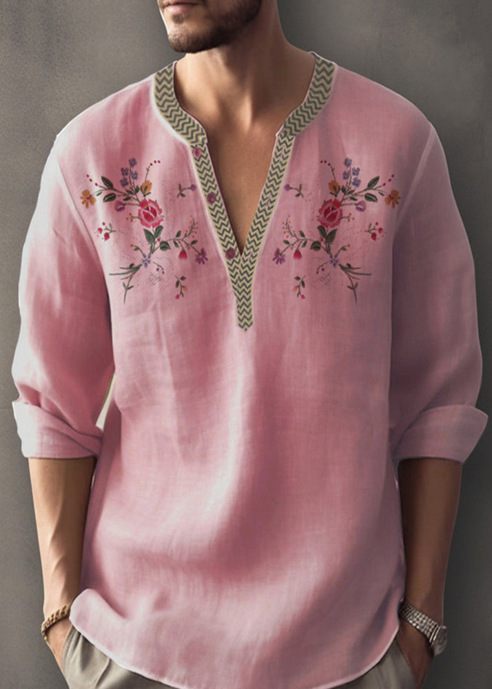 Cotton Fall Neck Apricot Simple Shirt Print Mens V