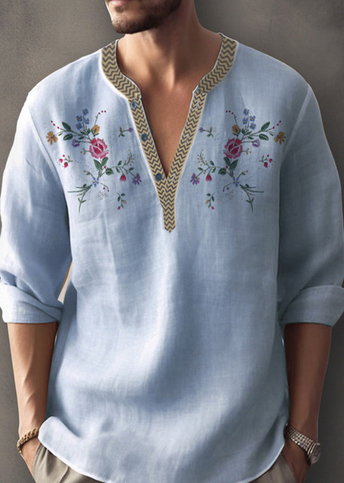 Cotton Fall Neck Apricot Simple Shirt Print Mens V