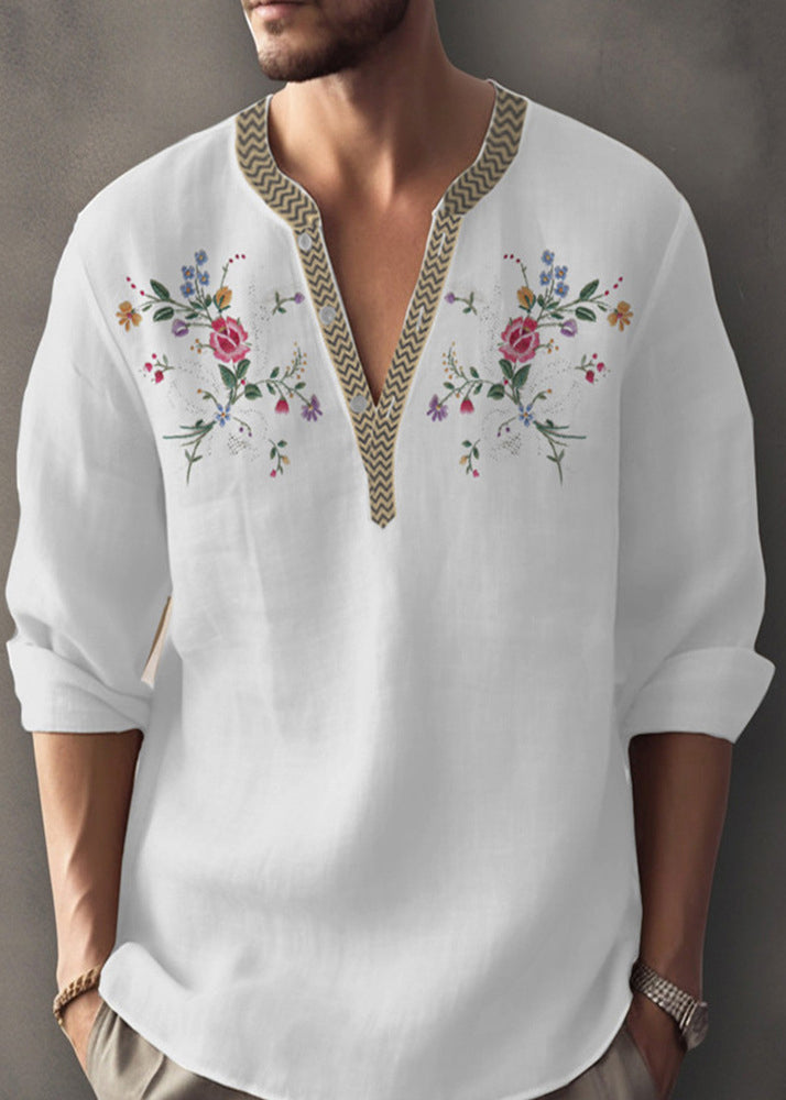 Cotton Fall Neck Apricot Simple Shirt Print Mens V