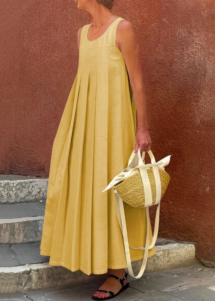 Dress Long Cotton Solid Sleeveless Simple Wrinkled Apricot