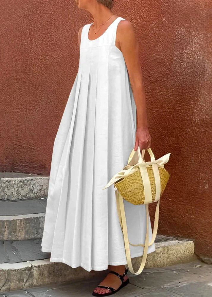 Dress Long Cotton Solid Sleeveless Simple Wrinkled Apricot