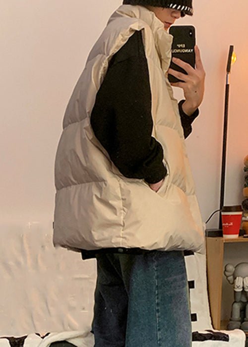 Simple Apricot Zip Up Pockets Solid Men Puffer Vest Winter RN012