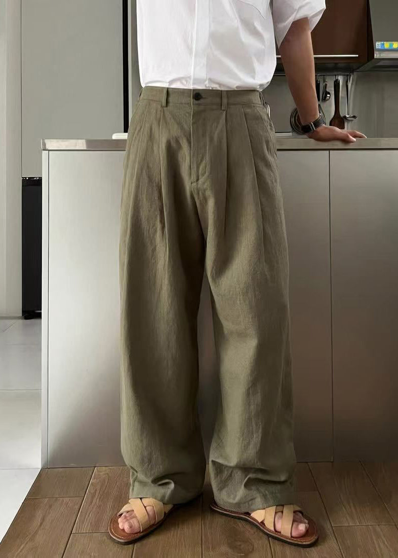 Pants Simple Green Solid Summer Men Waist High Linen Army