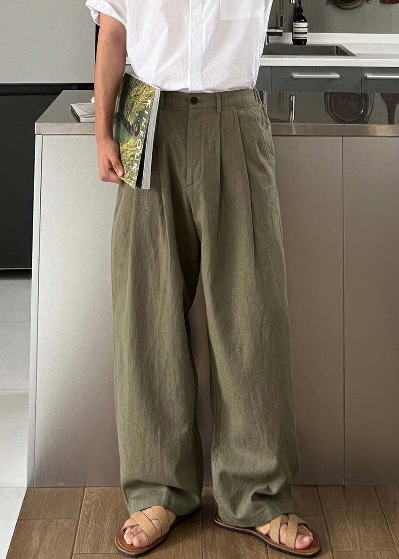 Pants Simple Green Solid Summer Men Waist High Linen Army