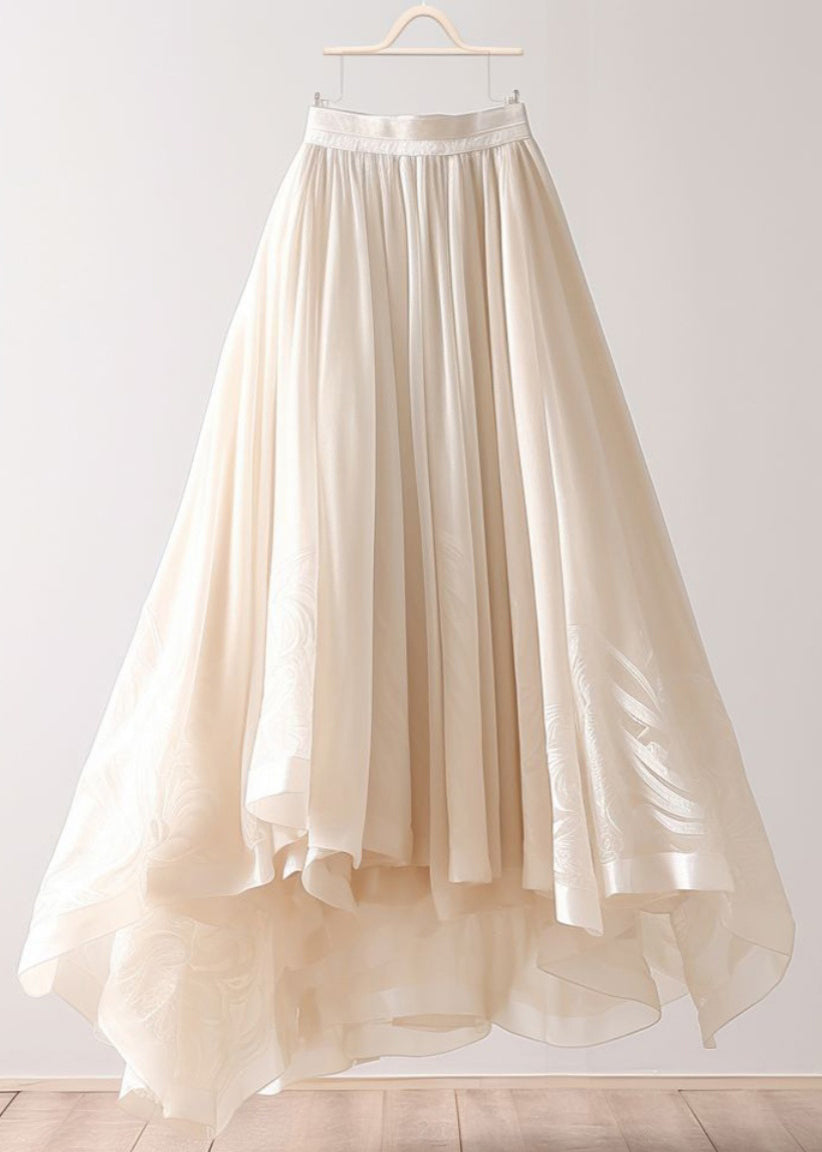 Simple Beige Asymmetrical Wrinkled Elastic Waist Chiffon Skirt Summer Ada Fashion