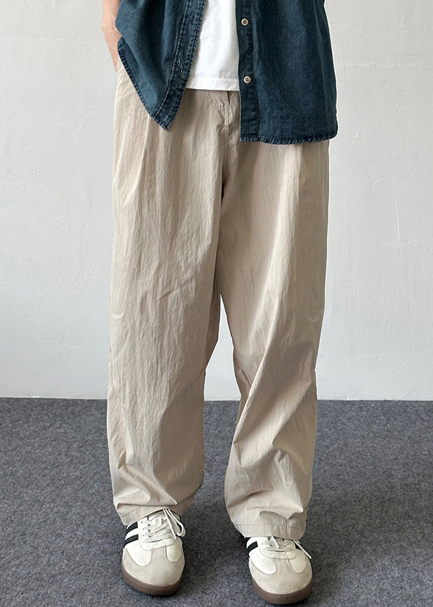 Summer Simple Cotton Men Pants Pockets Button Solid Beige