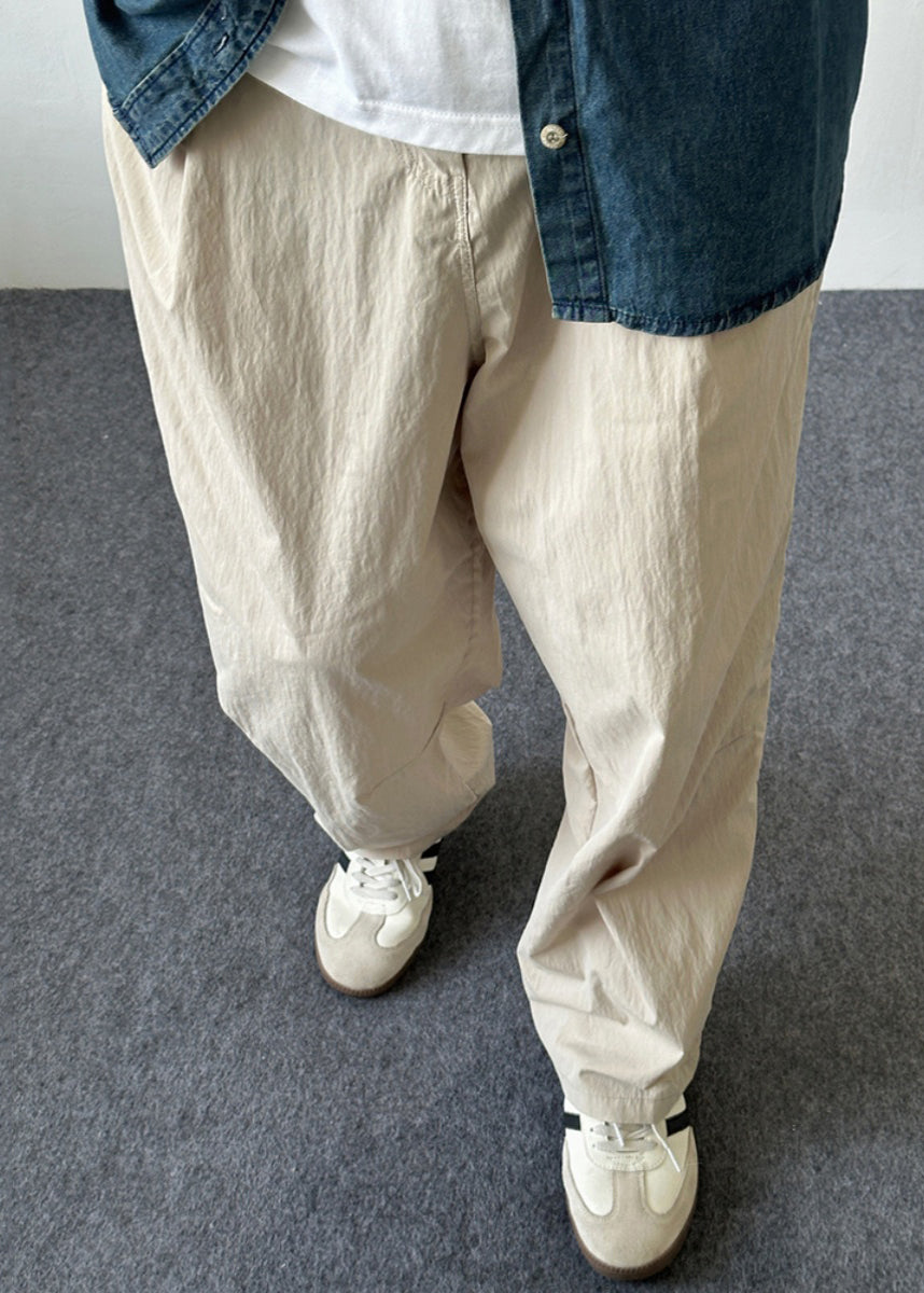 Summer Simple Cotton Men Pants Pockets Button Solid Beige