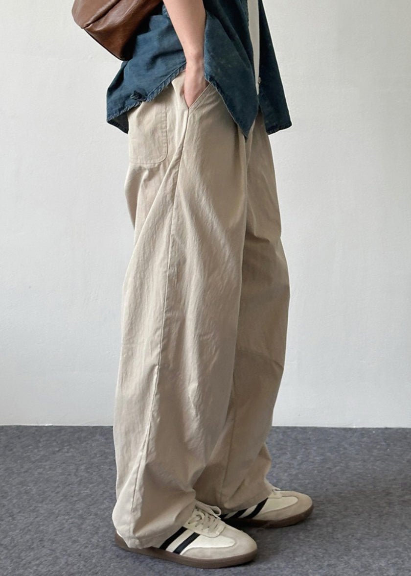 Summer Simple Cotton Men Pants Pockets Button Solid Beige