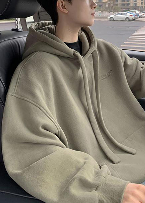 Simple Beige Hooded Pockets Warm Fleece Mens Sweatshirt Winter RP062