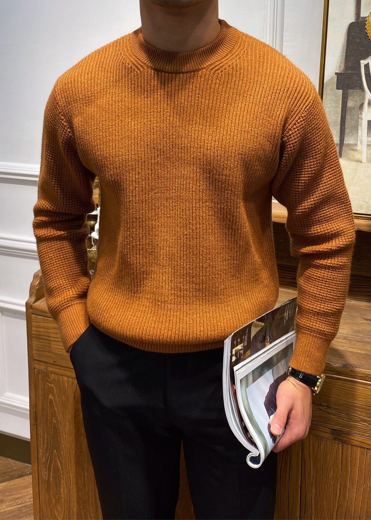 Simple Beige O Neck Solid Knit Men Sweater Spring TK004