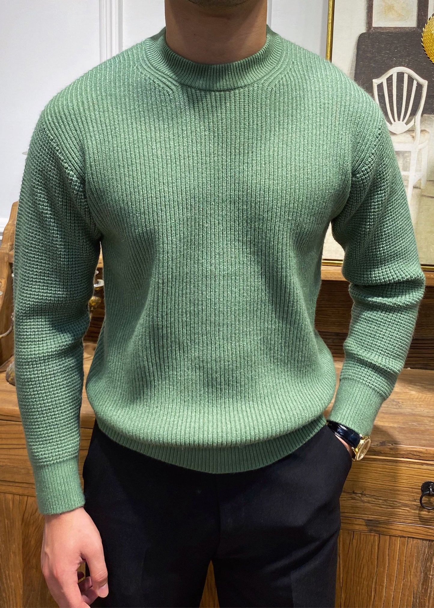 Simple Beige O Neck Solid Knit Men Sweater Spring TK004