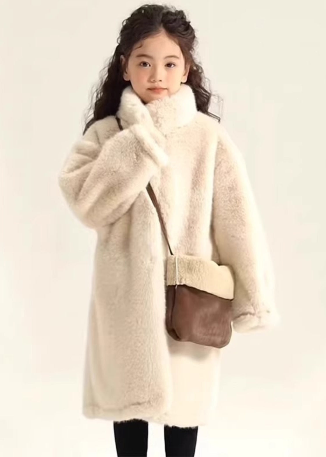 Simple Beige Stand Collar Girls Mink Velvet Maxi Coat Winter WL026