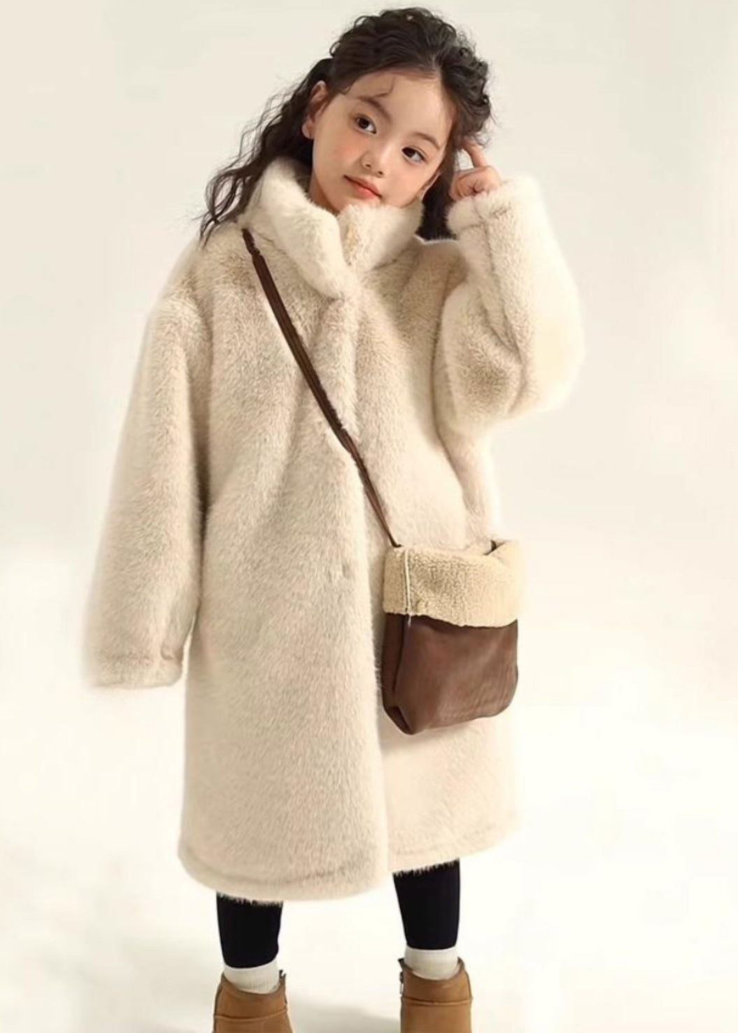 Simple Beige Stand Collar Girls Mink Velvet Maxi Coat Winter WL026