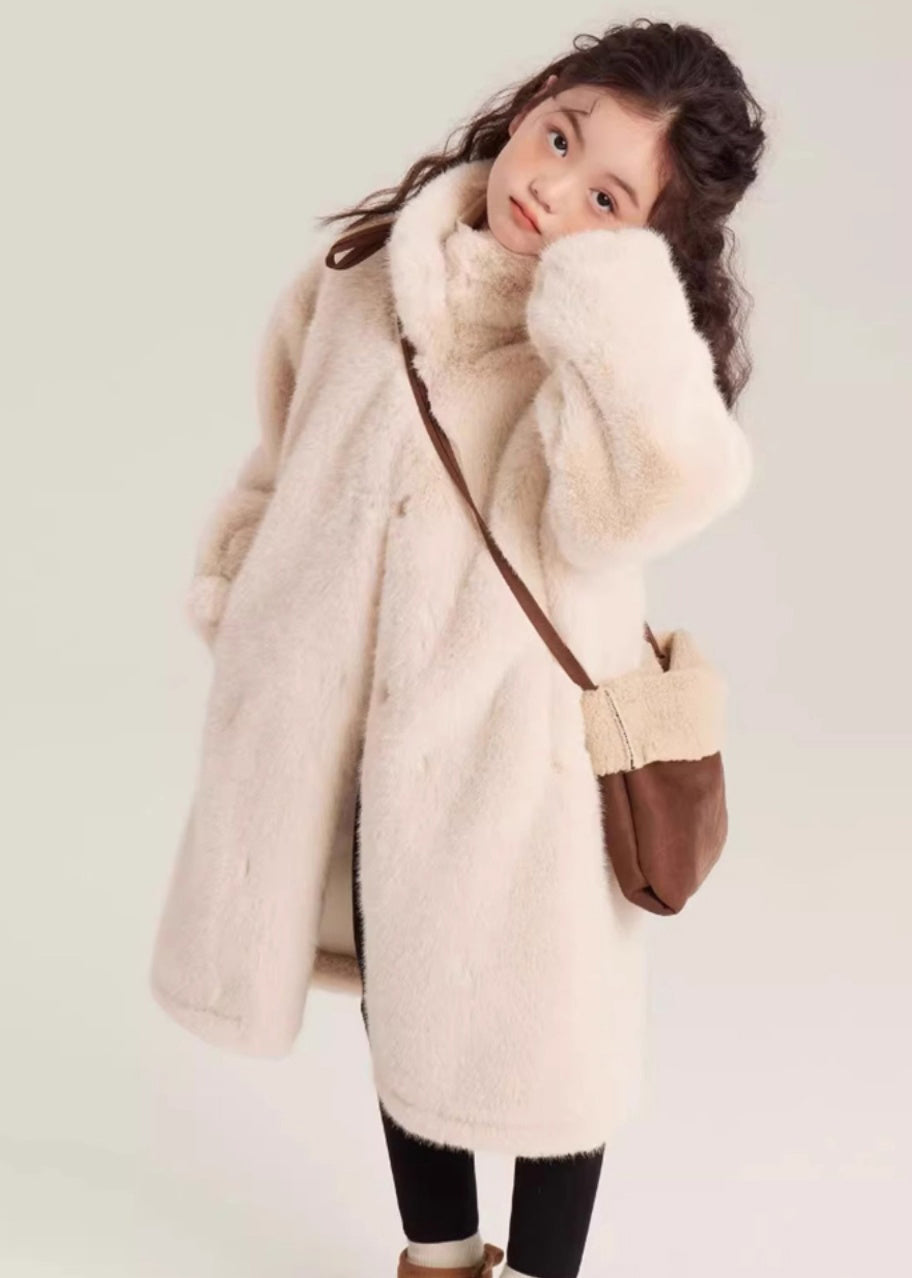 Simple Beige Stand Collar Girls Mink Velvet Maxi Coat Winter WL026