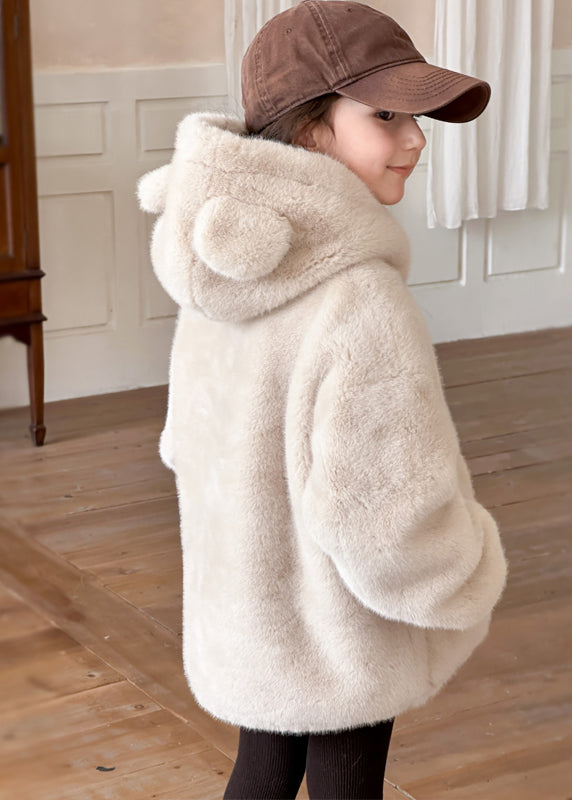 Simple Beige Zippered Pockets Girls Mink Velvet Hoodie Coat Winter TG014