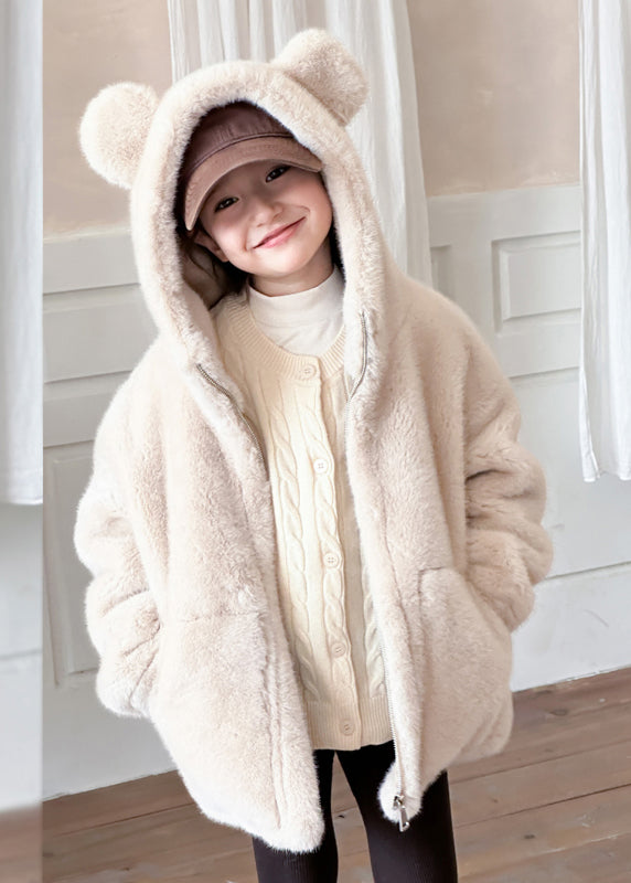 Simple Beige Zippered Pockets Girls Mink Velvet Hoodie Coat Winter TG014
