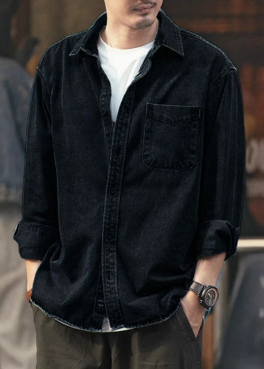 Pockets Simple Men Shirts Solid Denim Black Spring Button