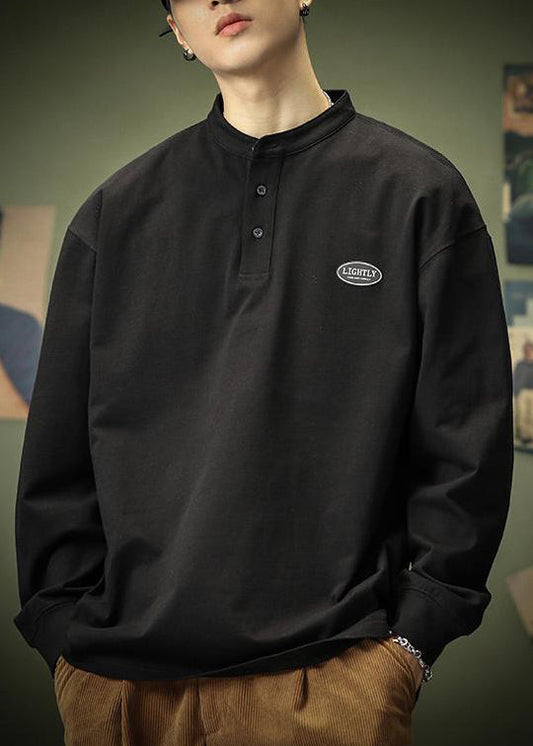 Black T Shirt Simple Cotton Button Spring Solid Men