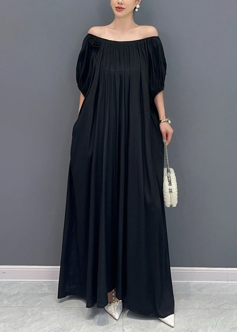 Robe longue simple noire en coton à épaules dénudées et col bateau pour l'été AY1014