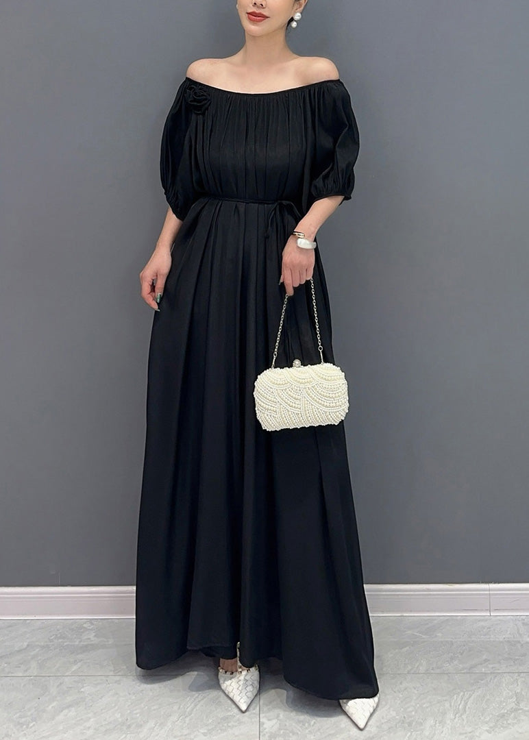 Robe longue simple noire en coton à épaules dénudées et col bateau pour l'été AY1014