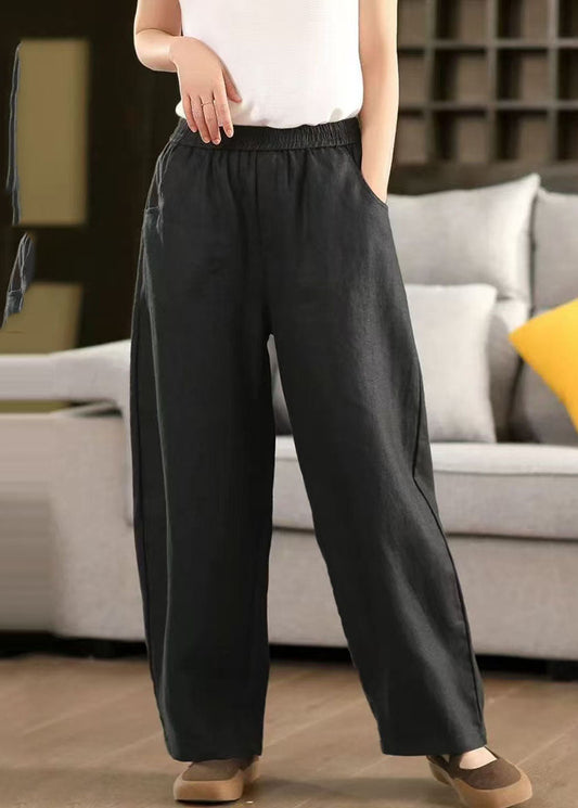 Simple Linen Waist Pants Black Oversized Elastic Trousers Summer