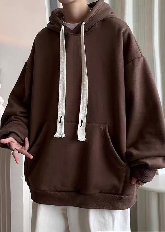 Simple Black Hooded Lace Up Pockets Cotton Men Sweatshirt Spring YQ030