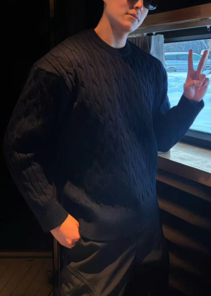 Simple Black O Neck Cable Knit Men Sweaters Spring TK013