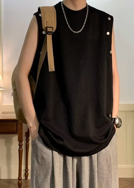 Solid Cotton T O Sleeveless Shirts Black Men Simple Neck