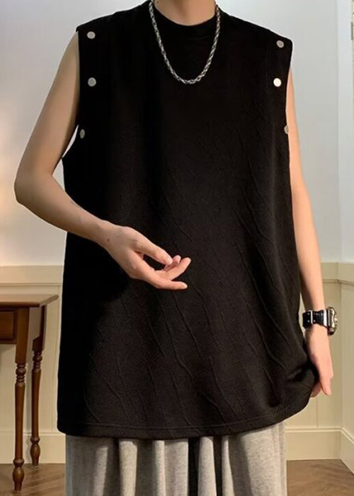 Solid Cotton T O Sleeveless Shirts Black Men Simple Neck