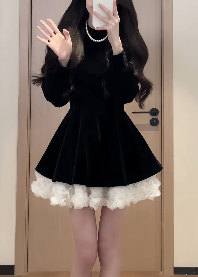 Simple Black O Neck Solid Patchwork Silk Velvet Mid Dress Spring YT036