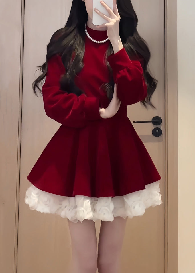 Simple Black O Neck Solid Patchwork Silk Velvet Mid Dress Spring YT036