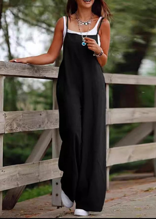 Wide Simple Patchwork Slash Leg Black Summer Neck Jumpsuit