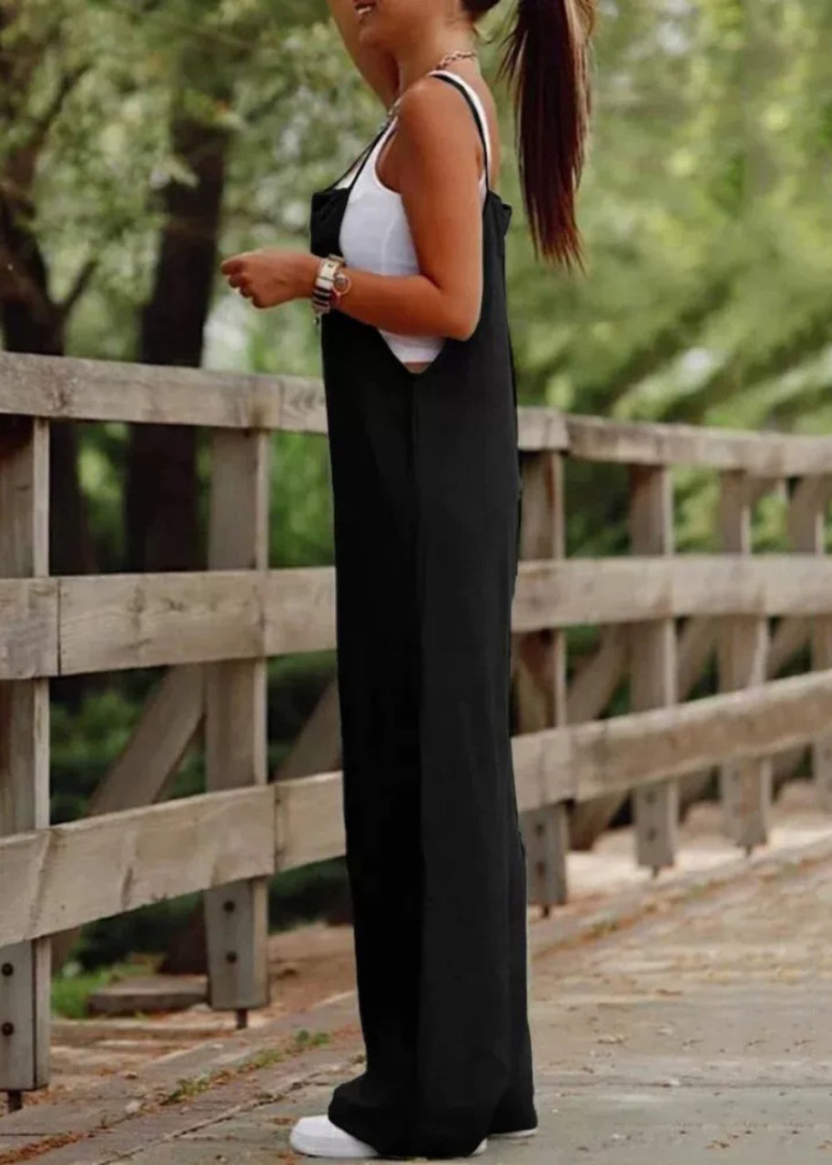 Wide Simple Patchwork Slash Leg Black Summer Neck Jumpsuit