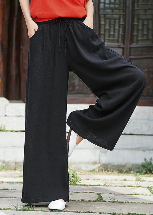 Simple Black Pockets Elastic Waist Linen Pants Summer Ada Fashion