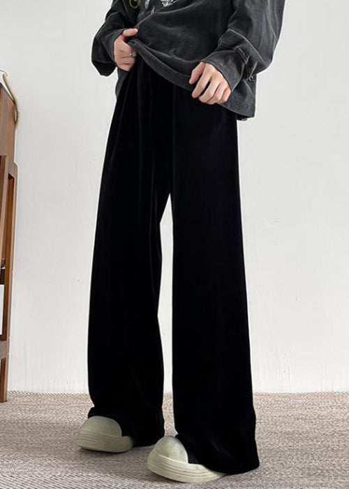 Simple Black Pockets Solid Warm Fleece Velour Men Pants Spring RM049