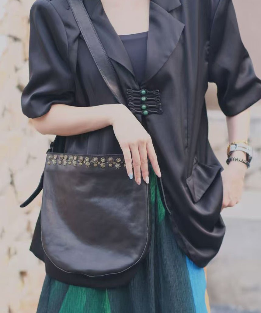 Leather Simple Rivet Bag Messenger Black