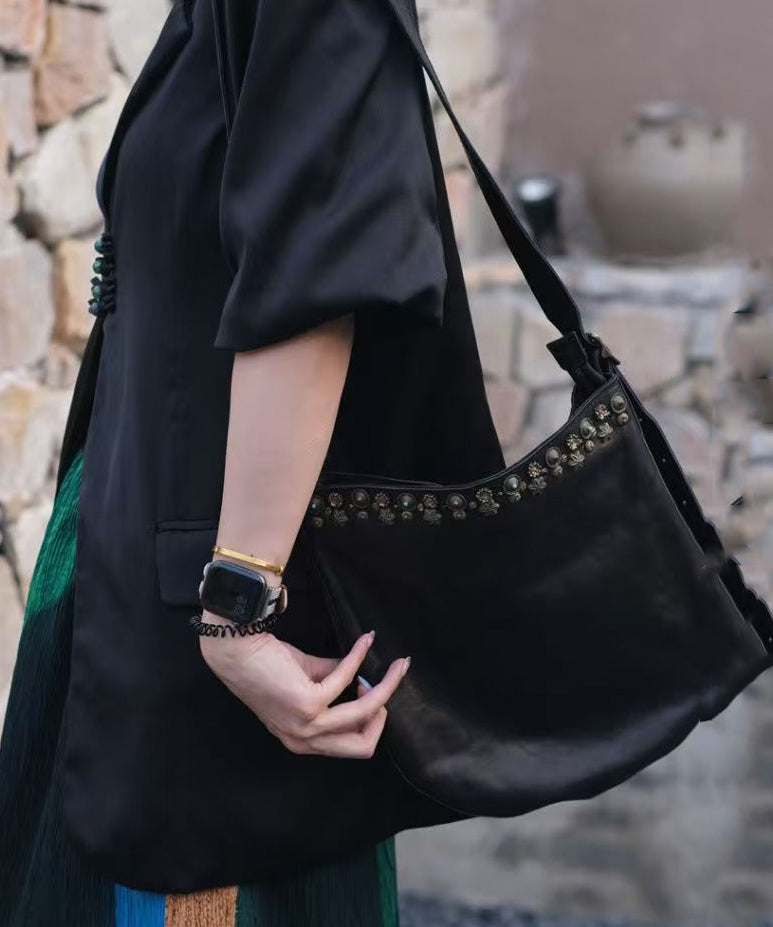 Leather Simple Rivet Bag Messenger Black