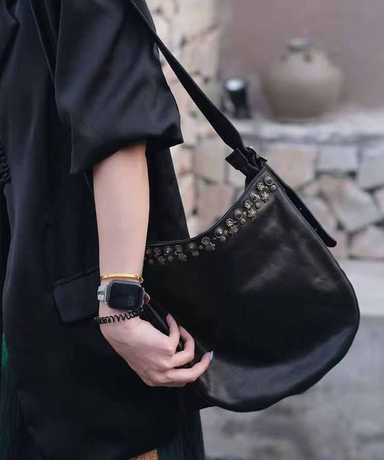 Leather Simple Rivet Bag Messenger Black