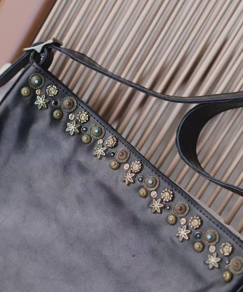 Leather Simple Rivet Bag Messenger Black