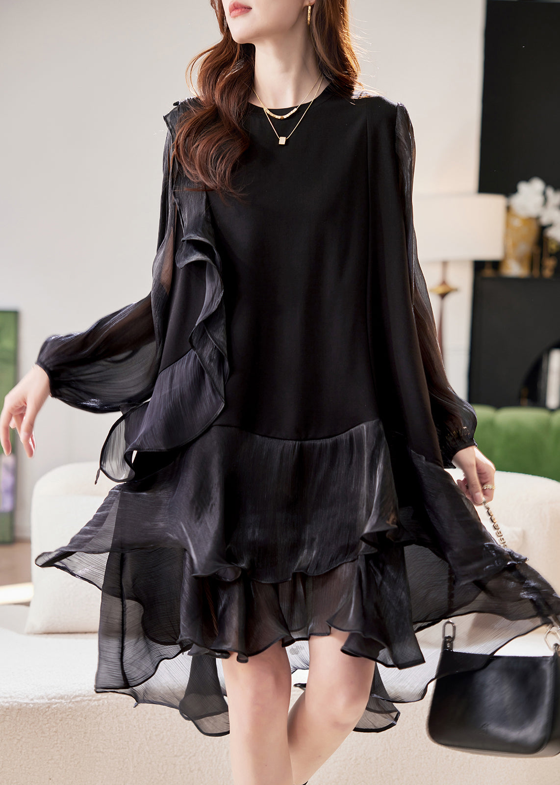 Simple Tulle Lantern Black Dress Patchwork Mid Sleeve Holiday