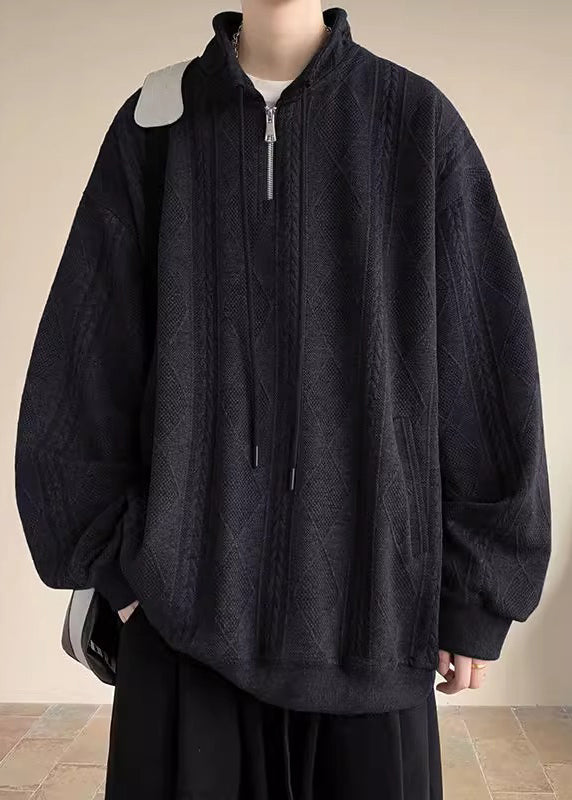 Zip Solid Spring Mens Cotton Simple Up Pockets Black Sweatshirt