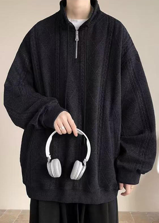 Zip Solid Spring Mens Cotton Simple Up Pockets Black Sweatshirt