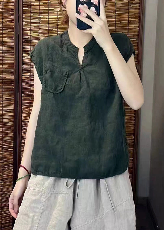 Simple Sleeveless V Linen Neck Green Vests Blackish