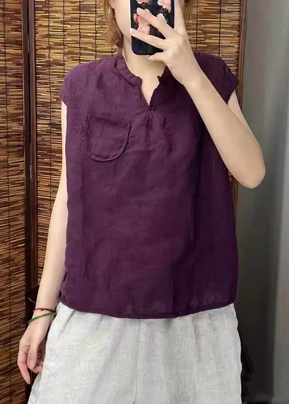 Simple Sleeveless V Linen Neck Green Vests Blackish