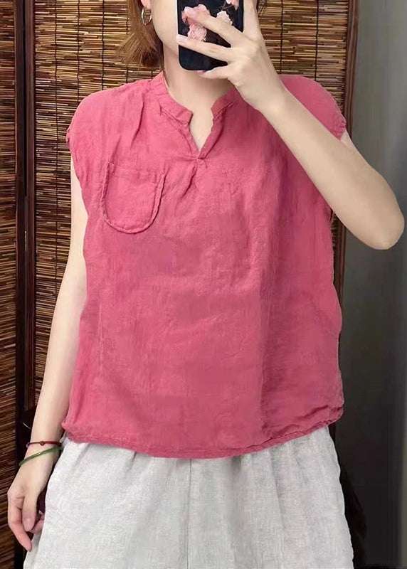 Simple Sleeveless V Linen Neck Green Vests Blackish